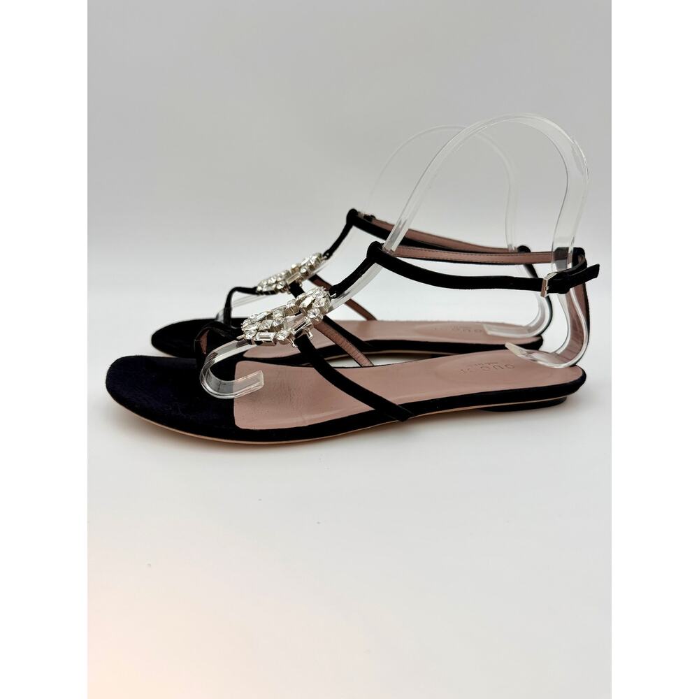 Gucci Black Suede Crystal GG Thong Sandals Size 37.5 / 7 Flat T-strap Gladiator - Picture 4 of 15